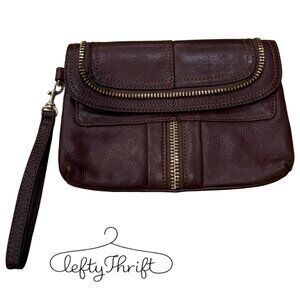 B. Makowsky Brown Leather Wristlet Clutch Leopard Lining